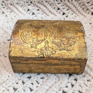 Vintage Florentine Wood Jewelry Box Gold Gilt Domed Trinket Chest Made in Italy